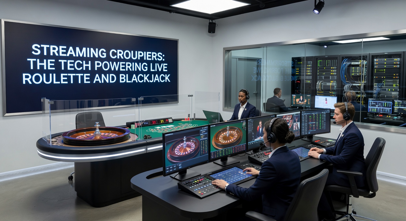 Ein professioneller Croupier leitet eine Live-Roulette-Session mit hochauflösenden Kameras und Streaming-Technik in einem modernen Studio